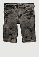 Boys Mineral Wash Distressed Shorts, Black, Size 16