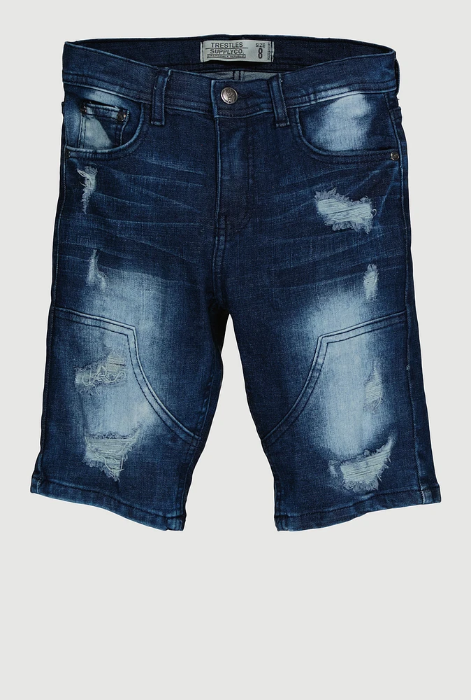 Boys Distressed Whiskered Denim Shorts, Blue,