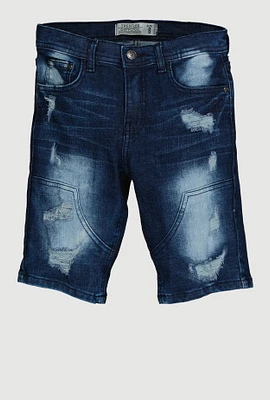 Boys Distressed Whiskered Denim Shorts, Blue,