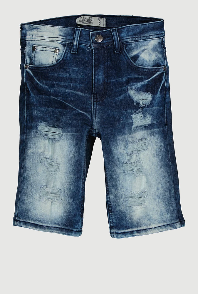 Boys Whiskered Distressed Shorts, Blue, Size 8
