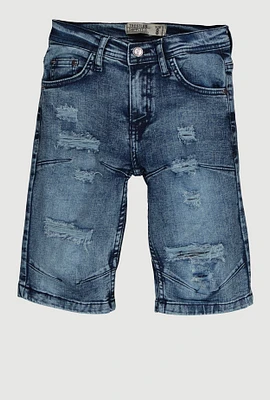 Boys Denim Decorative Stitch Distressed Shorts, Blue
