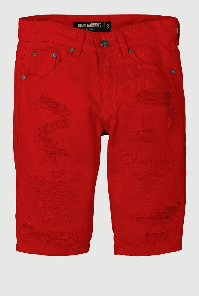 Boys Solid Distressed Denim Shorts, Red, Size 10