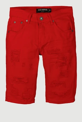 Boys Distressed Patch and Repair Frayed Shorts, Red,