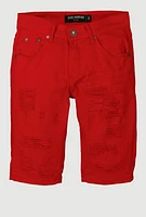 Boys Distressed Patch and Repair Frayed Shorts, Red,