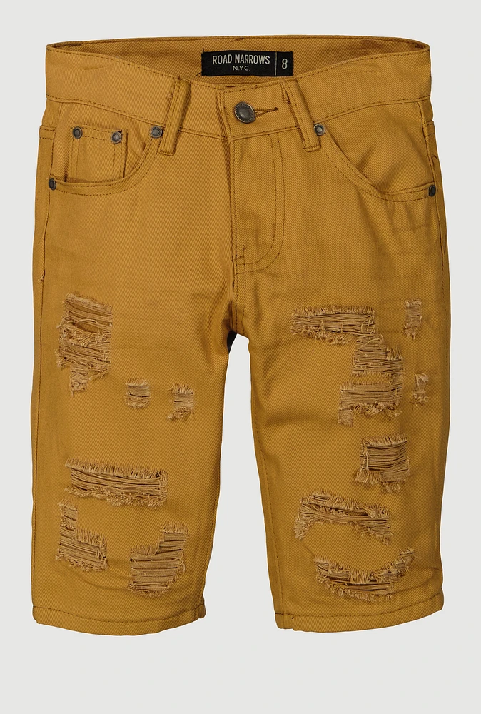 Boys Distressed Solid Denim Shorts, Brown, Size 18
