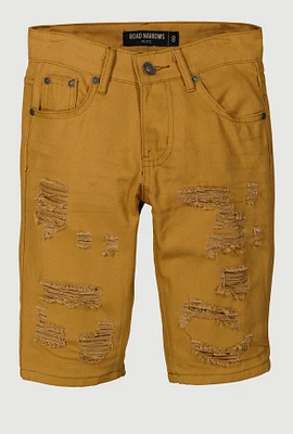 Boys Distressed Solid Denim Shorts, Brown, Size 18