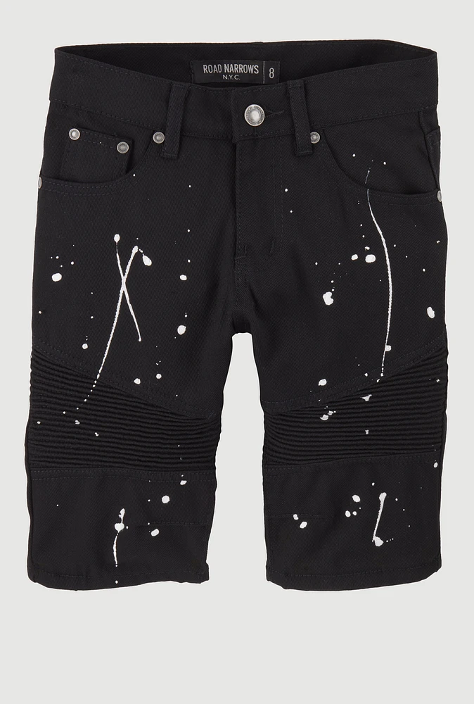 Boys Moto Paint Splatter Denim Shorts, Black, Size 8