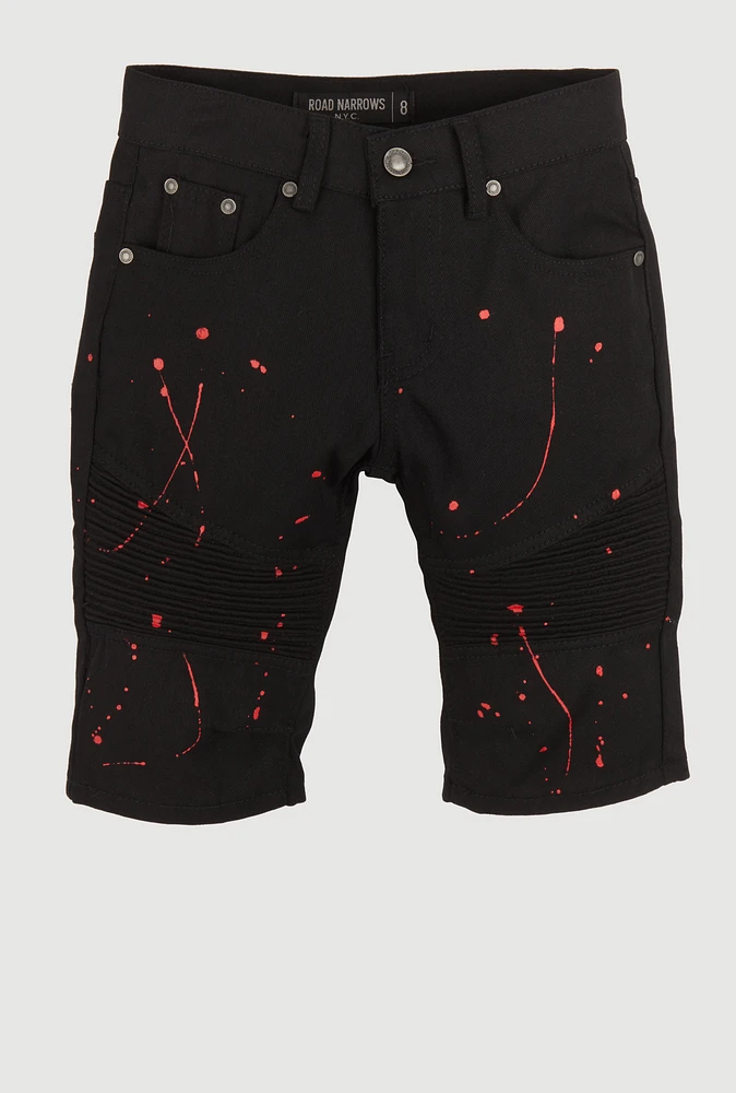 Boys Paint Splatter Moto Denim Shorts, Black, Size 14
