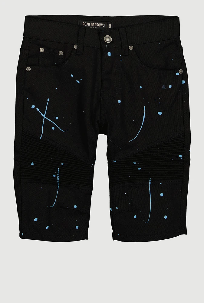 Boys Moto Paint Splatter Print Moto Denim Shorts, Black, Size 12