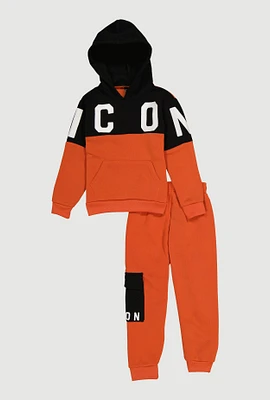 Little Boys Color Blocked Icon Graphic Hoodie and Cargo Joggers, Orange, Size 5-6