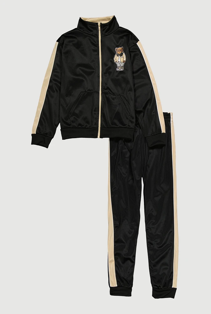 Boys Bear Graphic Zip Front Track Jacket and Joggers, Black, Size 12-14