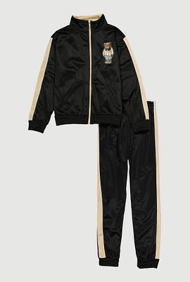 Boys Bear Graphic Zip Front Track Jacket and Joggers, Black, Size 12-14