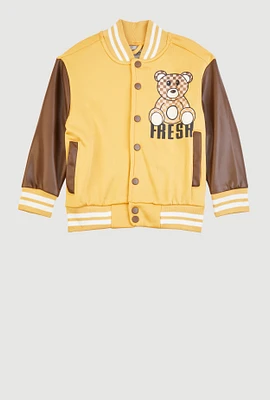 Little Boys Fresh Graphic Faux Leather Sleeve Varsity Jacket, Yellow, Size 7