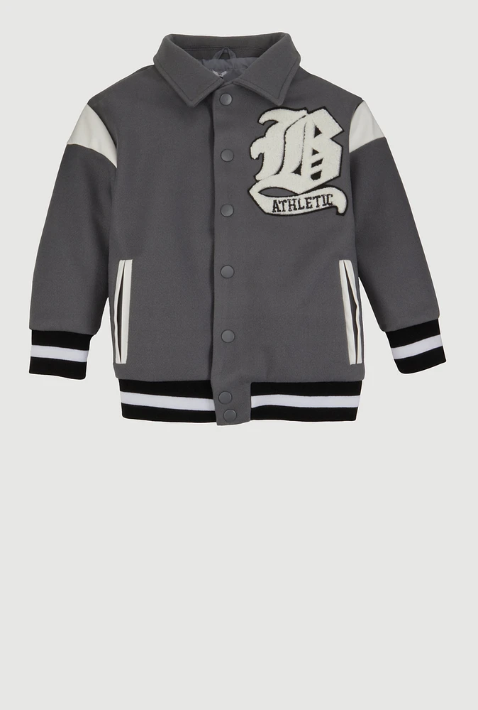 Little Boys B Initial Chenille Patch Letterman Jacket, Grey, Size 5-6