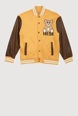 Boys Fresh Graphic Faux Leather Sleeve Varsity Jacket, Yellow,