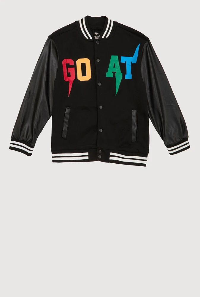 Boys Goat Graphic Faux Leather Sleeve Varsity Jacket, Black, Size 10-12