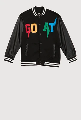 Boys Goat Graphic Faux Leather Sleeve Varsity Jacket, Black, Size 18
