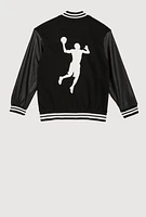 Boys Goat Graphic Faux Leather Sleeve Varsity Jacket, Black, Size 10-12