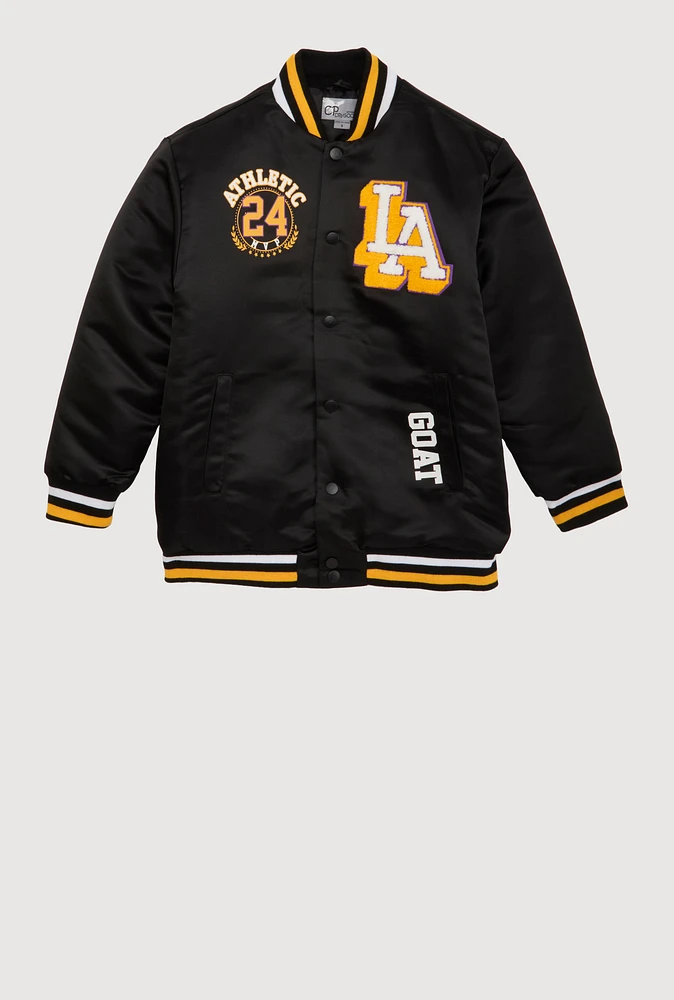 Boys Chenille Patch City Graphic Varsity Jacket,