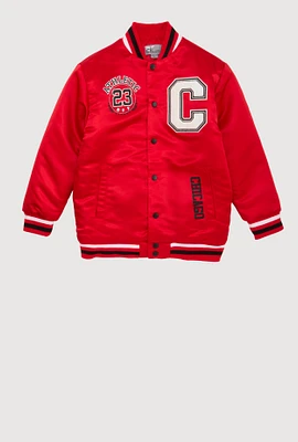 Boys Chenille Patch City Graphic Varsity Jacket, Red, Size 14-16