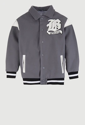 Womens Boys B Initial Chenille Patch Letterman Jacket, Grey, Size 10-12
