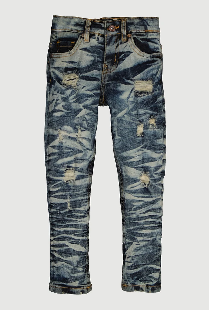 Little Boys Whiskered Distressed Slim Leg Jeans, Blue, Size 5