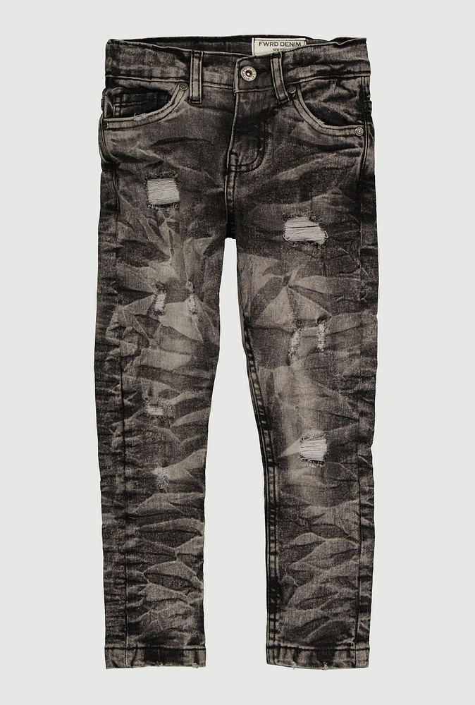 Little Boys Mineral Wash Whiskered Jeans, Black, Size 7