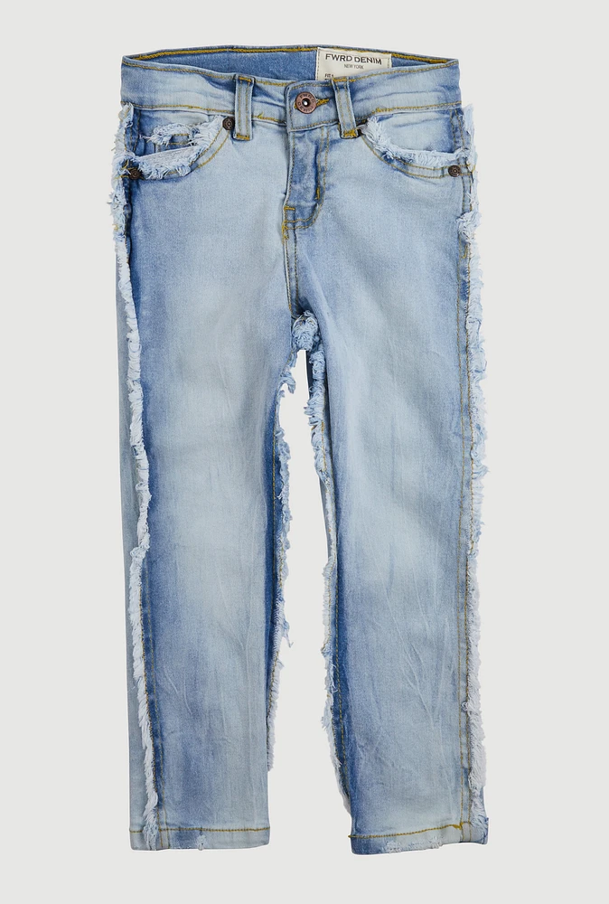 Little Boys Frayed Decorative Stitch Jeans, Blue, Size 7