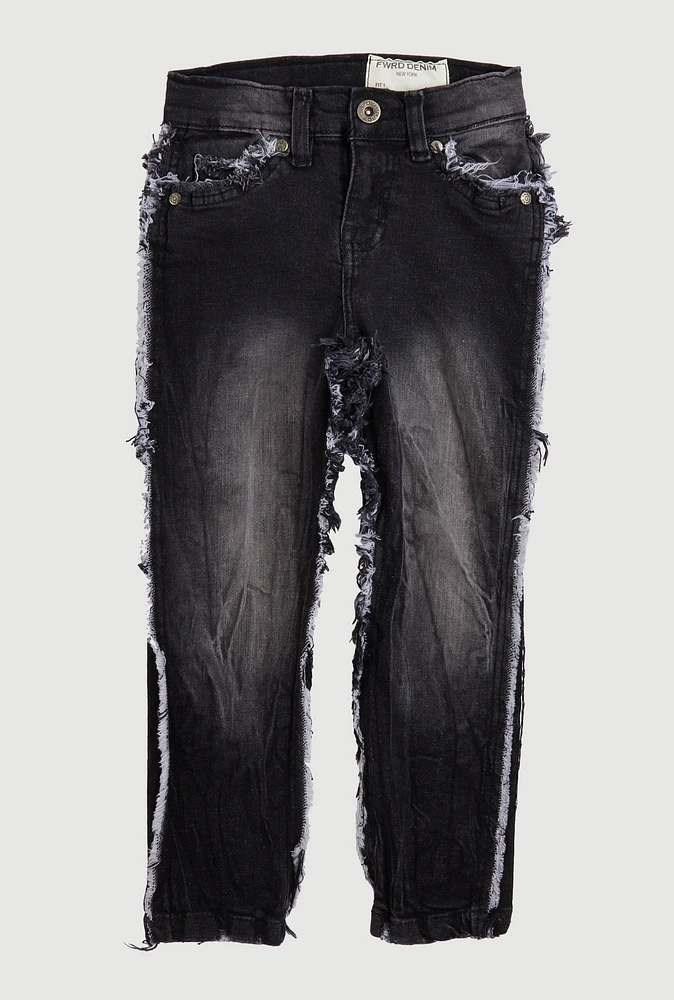 Little Boys Frayed Denim Jeans, Black, Size 7