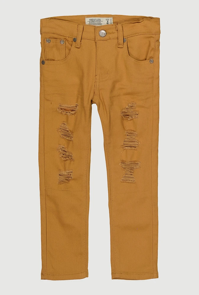 Little Boys Distressed Patch and Repair Skinny Jeans, Khaki, Size 7
