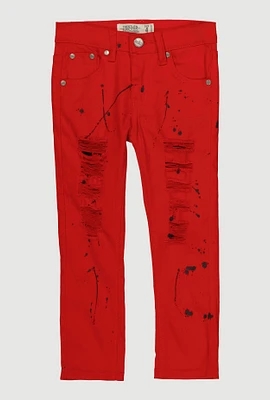 Little Boys Paint Splatter Distressed Denim Jeans, Red, Size 6