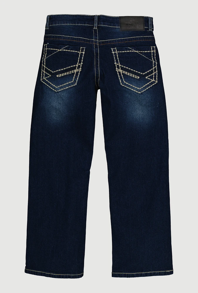 Boys Decorative Stitch Whiskered Jeans, Blue, Size 16