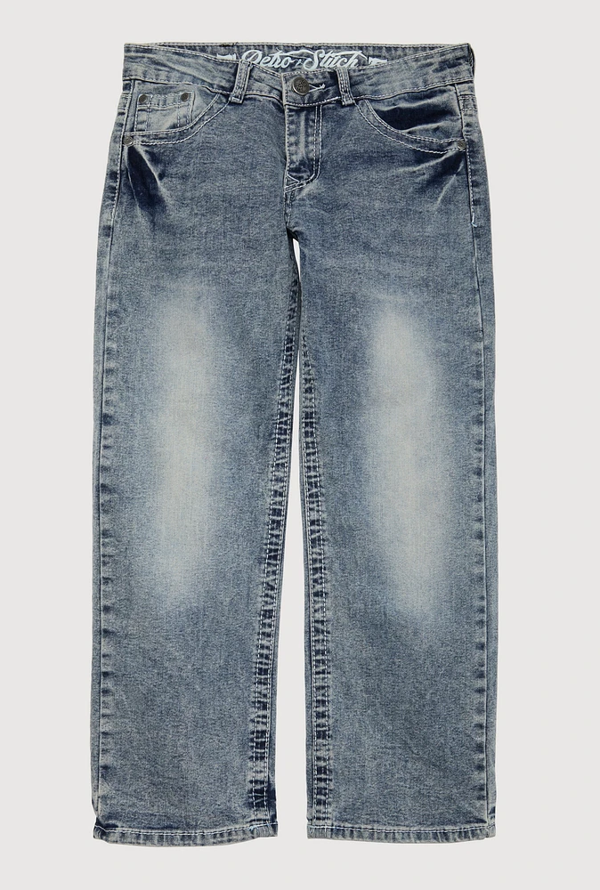 Boys Whiskered Mineral Wash Straight Leg Jeans, Blue,