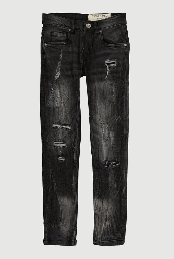 Boys Frayed and Distressed Whiskered Jeans, Black,