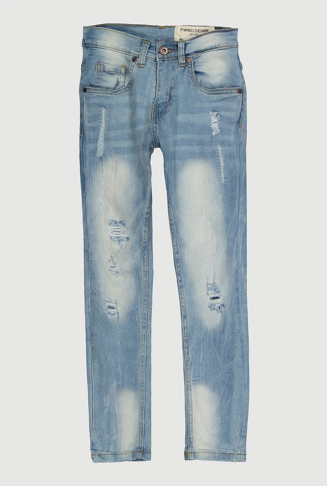 Boys Whiskered and Distressed Skinny Jeans, Blue, Size 8