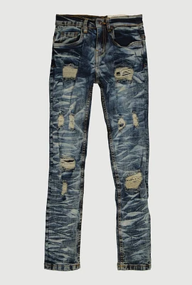Boys Whiskered Distressed Slim Leg Jeans, Blue, Size 8