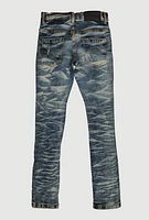 Boys Whiskered Distressed Slim Leg Jeans, Blue, Size 8