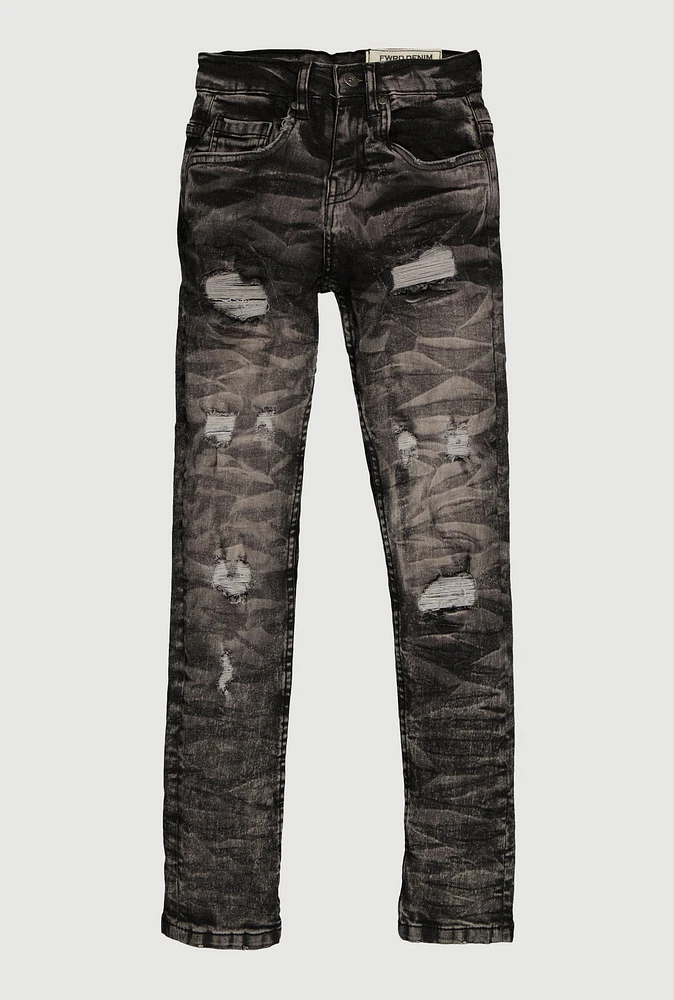 Boys Mineral Wash Patch and Repair Skinny Jeans, Grey,