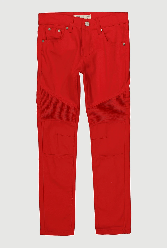 Boys Solid Slim Leg Moto Jeans, Red, Size 14