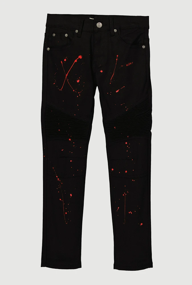 Boys Paint Splattered Moto Jeans, Black, Size 8