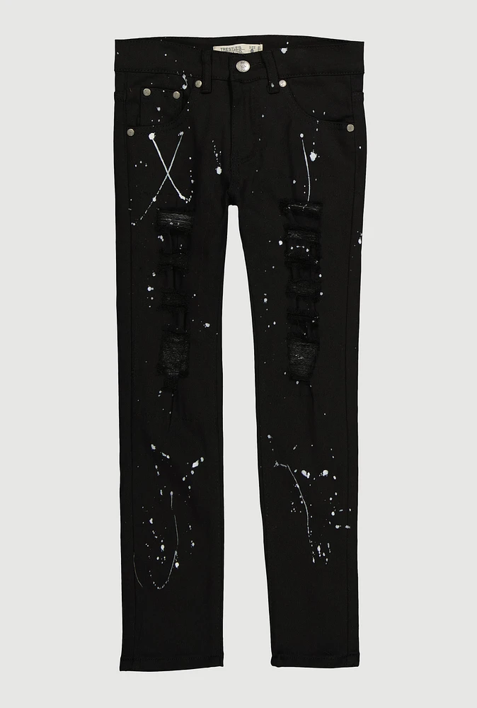 Boys Paint Splatter Distressed Jeans, Black, Size 18
