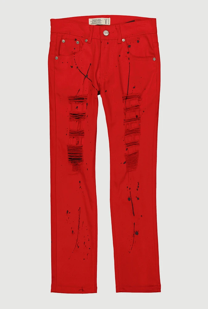 Boys Paint Splatter Patch and Repair Skinny Jeans, Red, Size 12