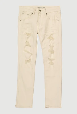 Boys Patch and Repair Distressed Skinny Jeans, Khaki, Size 18