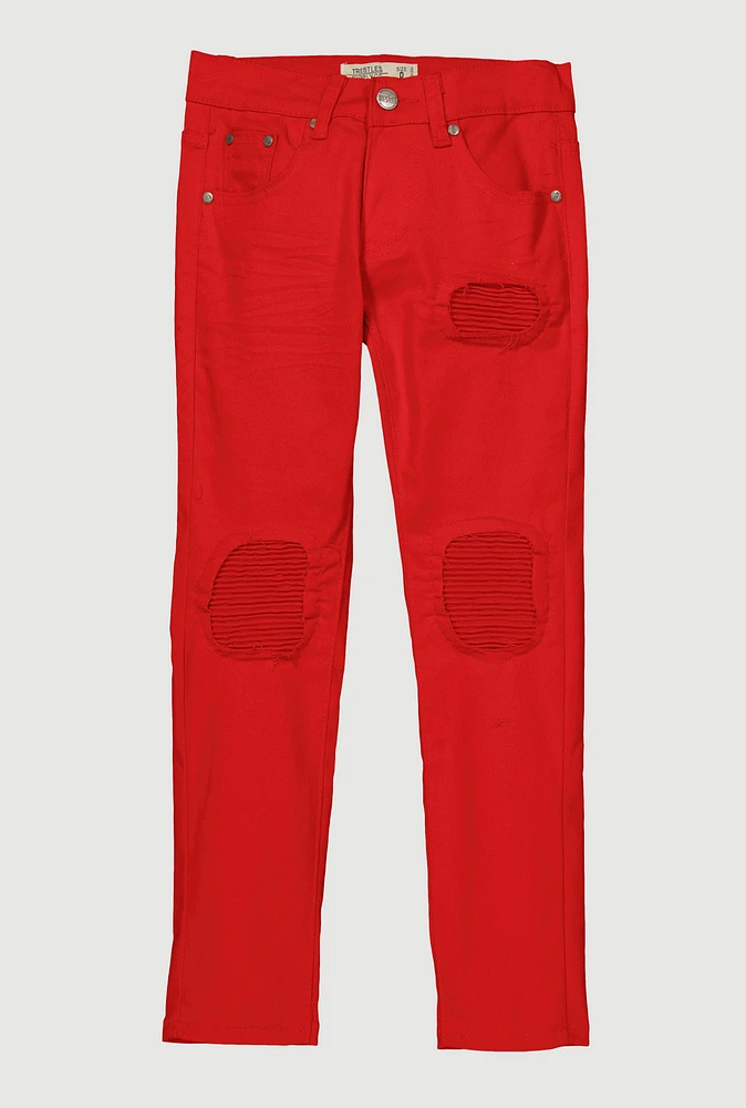 Boys Solid Rip and Repair Moto Jeans, Red, Size 8