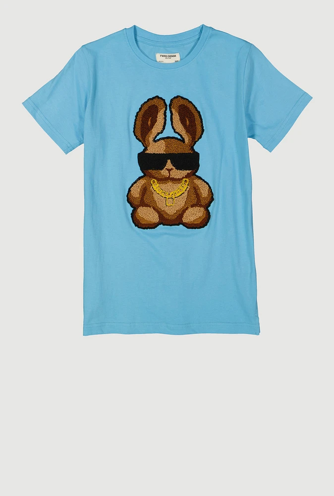 Boys Bunny Chenille Patch Crew Neck Graphic Tee, Blue, Size 18-20