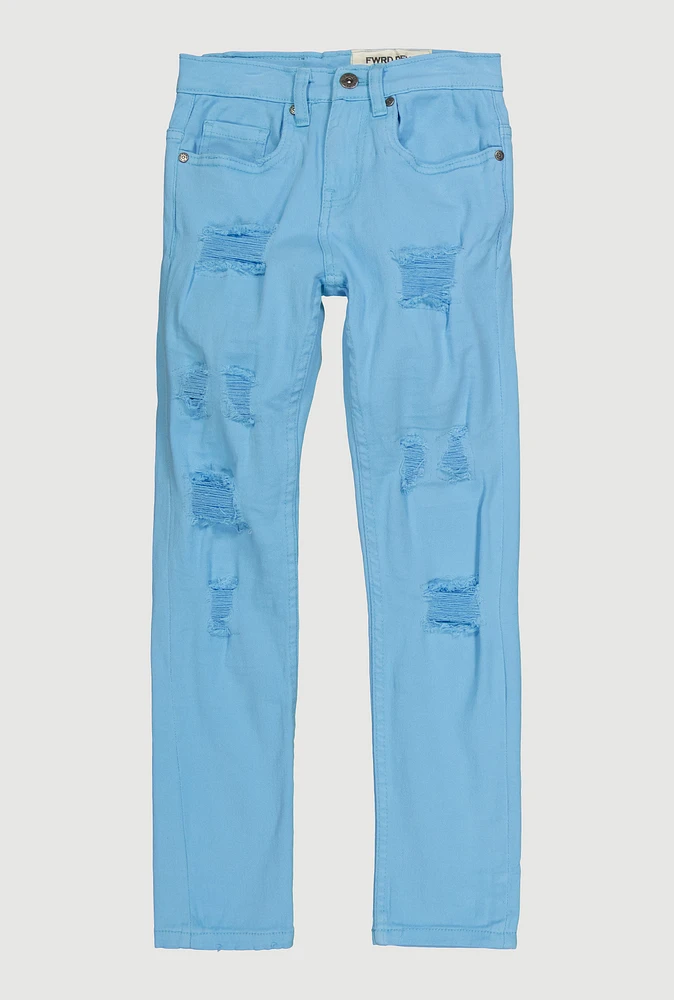 Boys Distressed Patch and Repair Jeans, Blue, Size 18