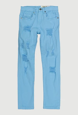 Boys Distressed Patch and Repair Jeans, Blue, Size 18