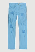 Boys Distressed Patch and Repair Jeans, Blue, Size 18
