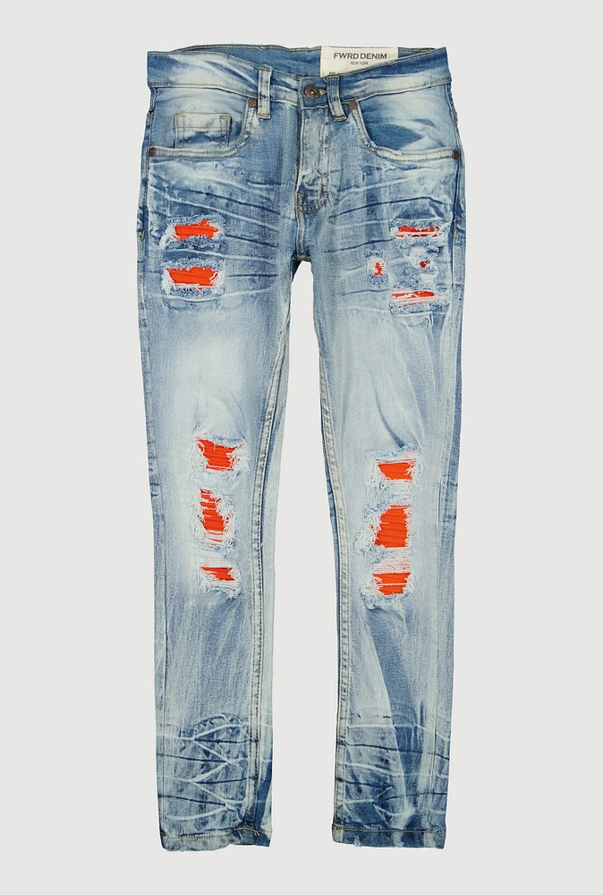 Boys Whiskered Distressed Patch and Repair Jeans, Blue, Size 16