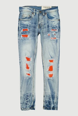 Boys Whiskered Distressed Patch and Repair Jeans, Blue, Size 16